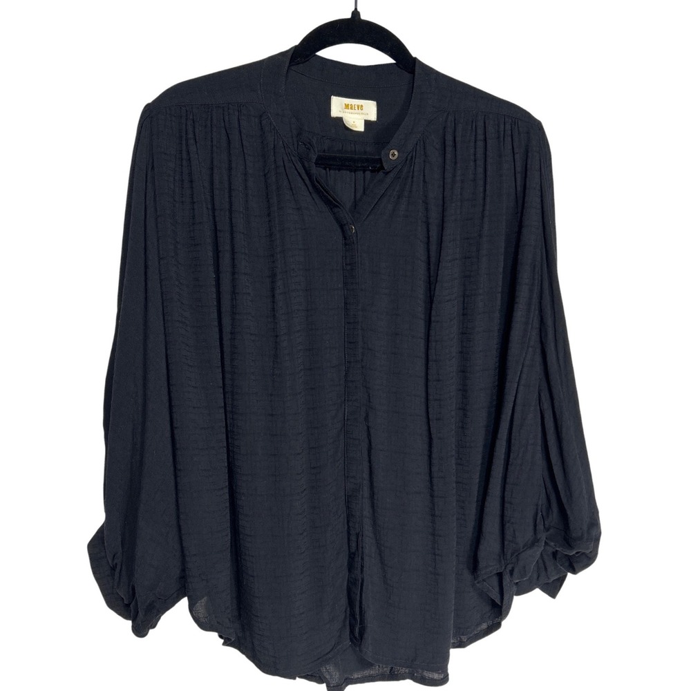 Maeve Anthropologie Black Textured Rayon Batwing Sleeve Button Front Blouse Sz S